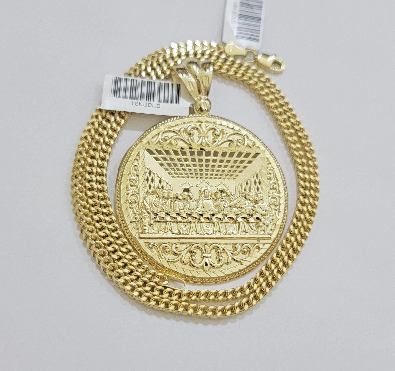 10k Yellow Gold Necklace 22" Franco Chain & Last Supper Charm Pendant SET REAL - Image 10