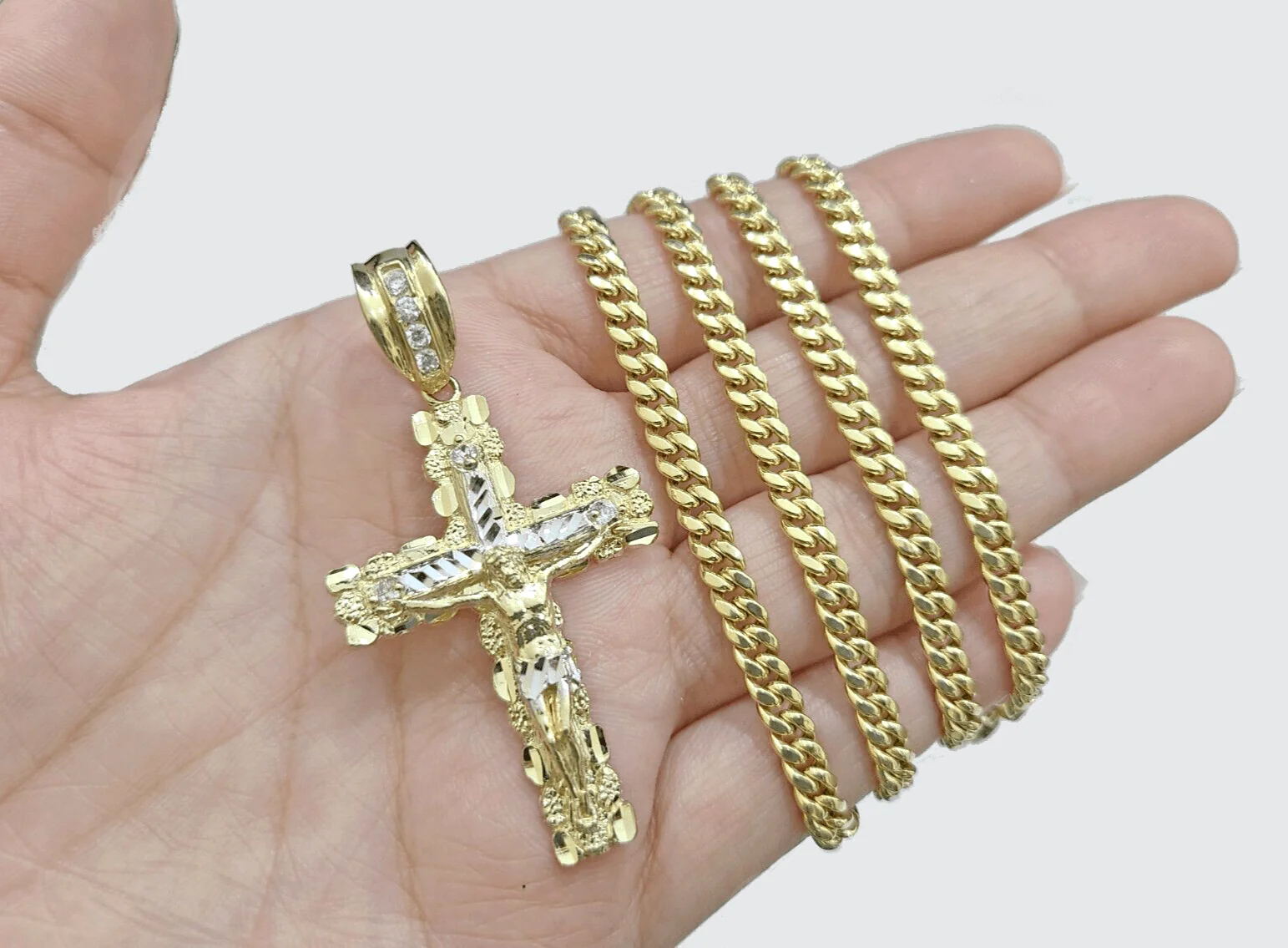 Real 10k Gold Cross Pendant Necklace 22 Inch SET Chain 5mm Miami Cuban Link 10KT - Image 11