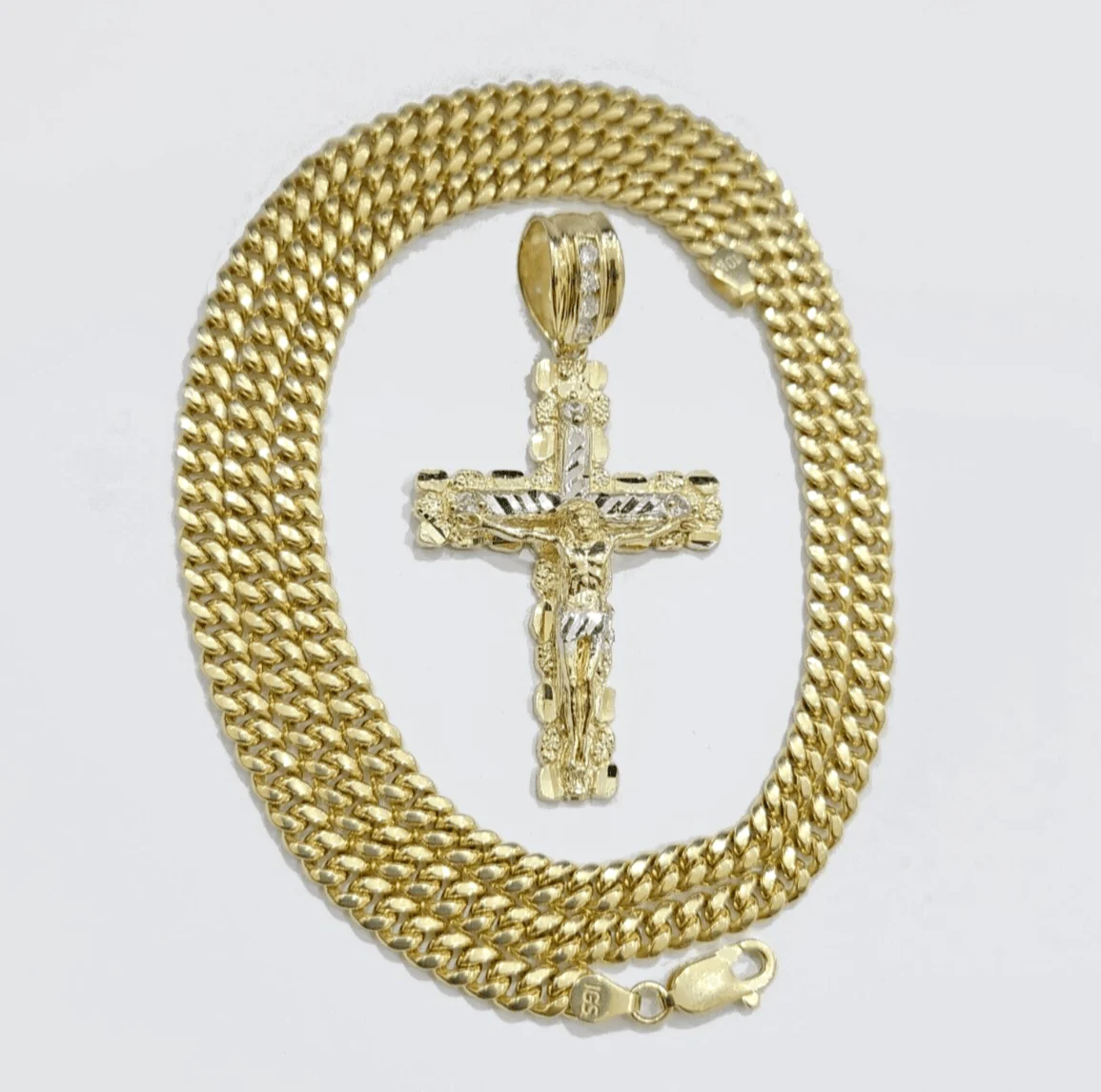 Real 10k Gold Cross Pendant Necklace 26 Inch SET Chain 5mm Miami Cuban Link 10KT - Image 7