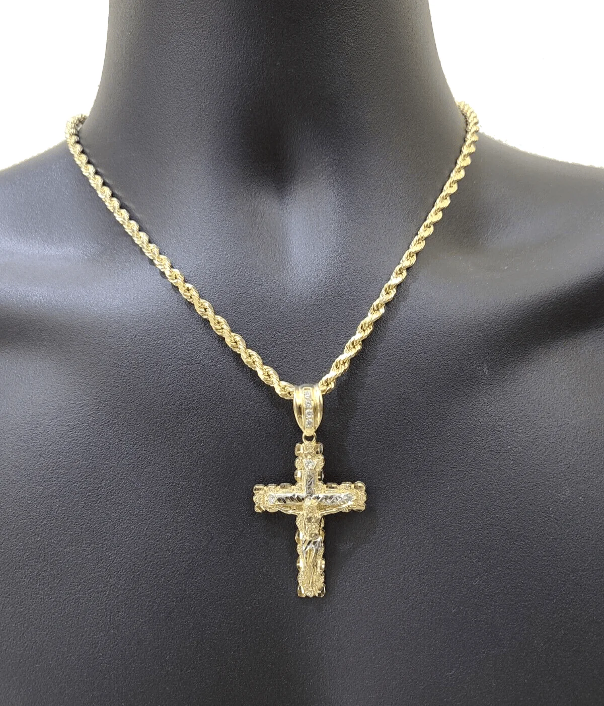 Real 10k Gold Rope Chain Jesus Cross Charm SET 4mm 20'' Necklace & Pendant Men's - Image 9
